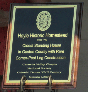 Plaque commemorating Hoyle Historic Homestead, presented by the Catawba Valley Chapter, September 8, 2012.