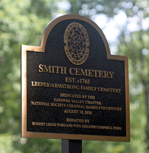 Colonial Dames XVII Century plaque marking the historic Smith Cemetery, August 18, 2010.